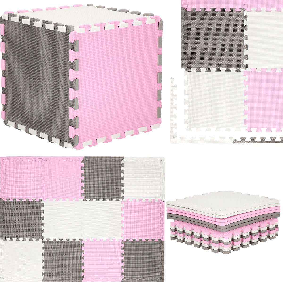 Springos Speelmat | Speelmat Foam | Puzzelmat | 12 puzzelstukken | 118 x 90 cm | Roze/Grijs/Wit